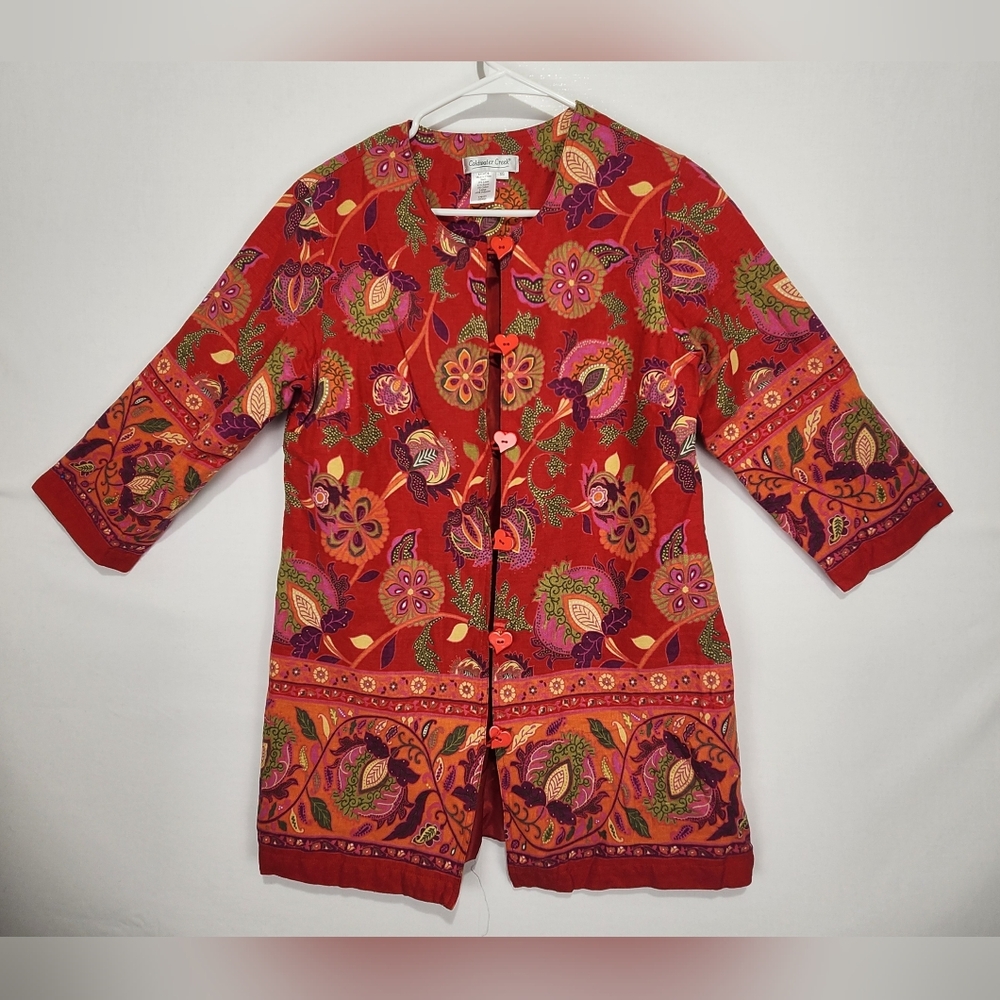Coldwater Creek Red and Purple Floral Jacket With Heart Buttons Size XS